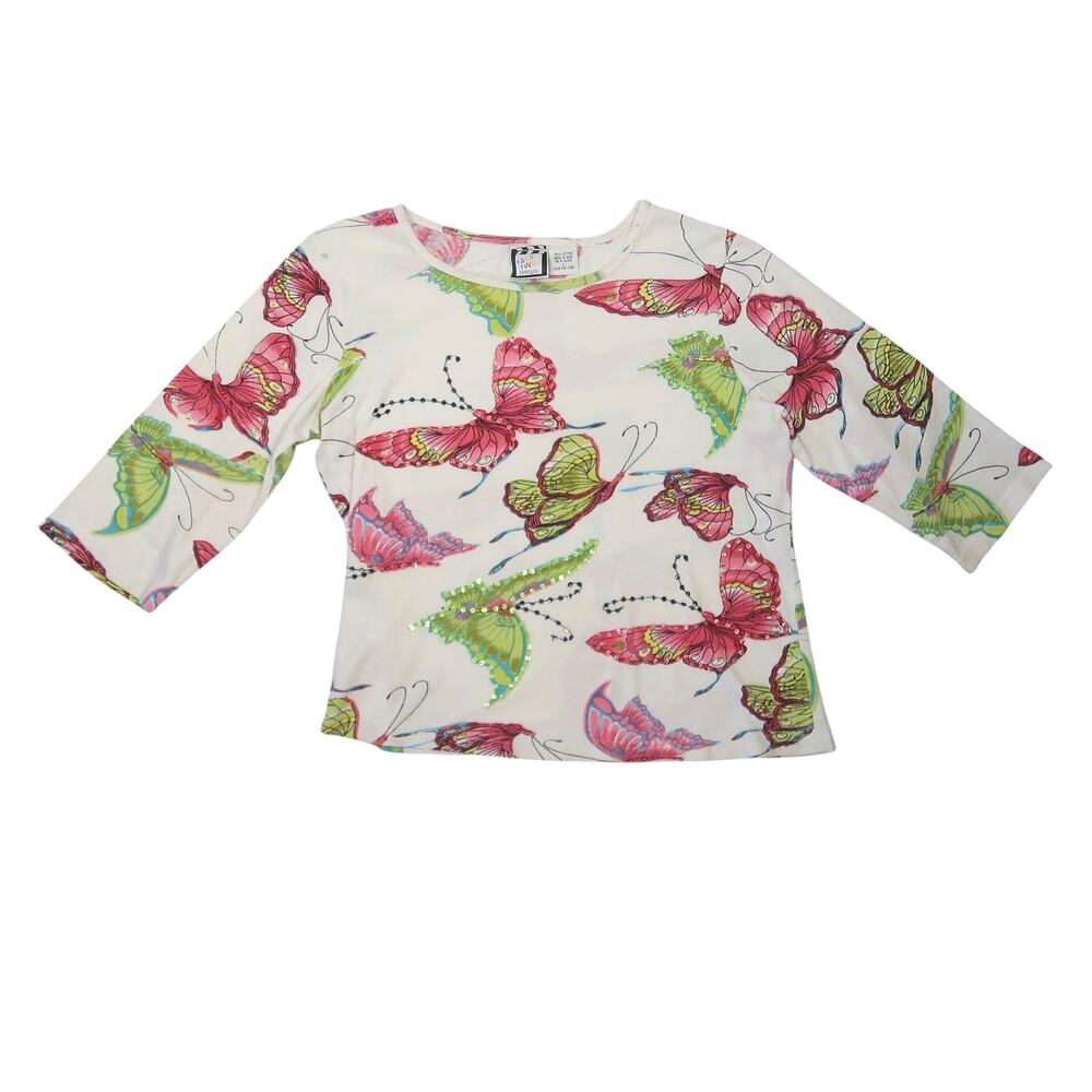 Vintage 90s Take Two White Pink Green Butterfly Sequin Beaded Tee L